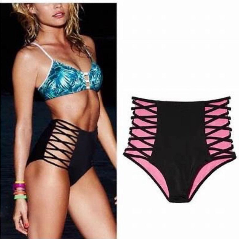 PINK Victoria's Secret Black High-Waist Bikini Bottom with Pink Lattice Sides